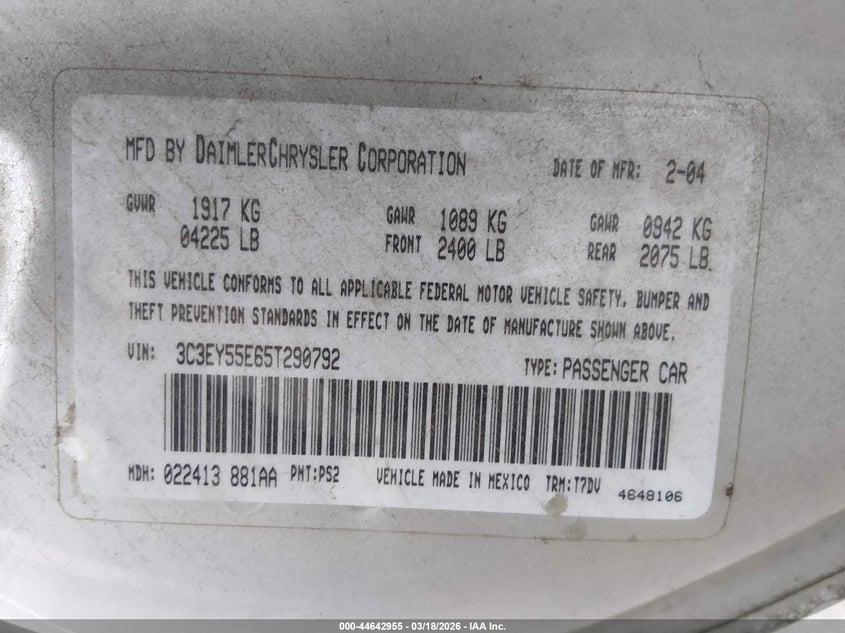 2005 Chrysler Pt Cruiser Touring VIN: 3C3EY55E65T290792 Lot: 44642955