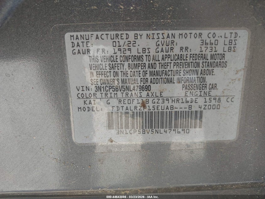 VIN 3N1CP5BV5NL479690 2022 NISSAN KICKS S XTRONIC CVT