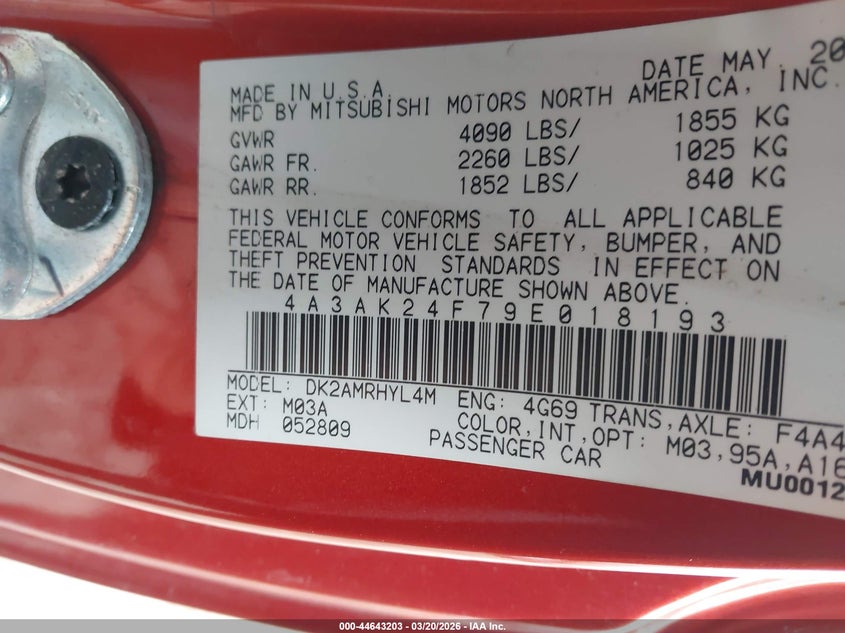 2009 Mitsubishi Eclipse Gs VIN: 4A3AK24F79E018193 Lot: 44643203