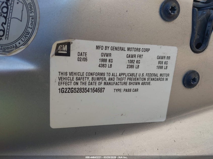 2005 Pontiac G6 VIN: 1G2ZG528354164687 Lot: 44643221
