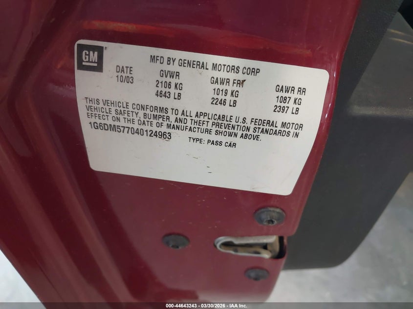 2004 Cadillac Cts Standard VIN: 1G6DM577040124963 Lot: 44643243