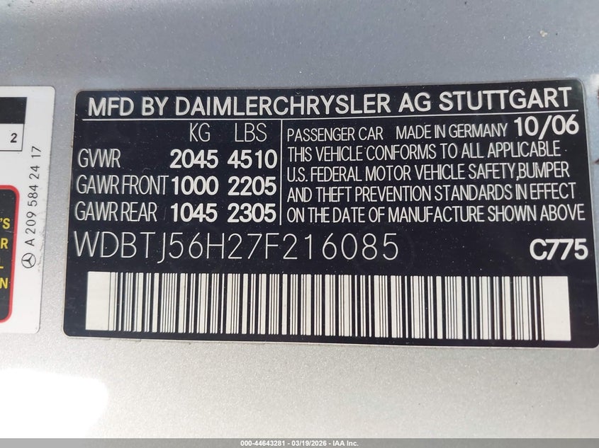 2007 Mercedes-Benz Clk 350 VIN: WDBTJ56H27F216085 Lot: 44643281