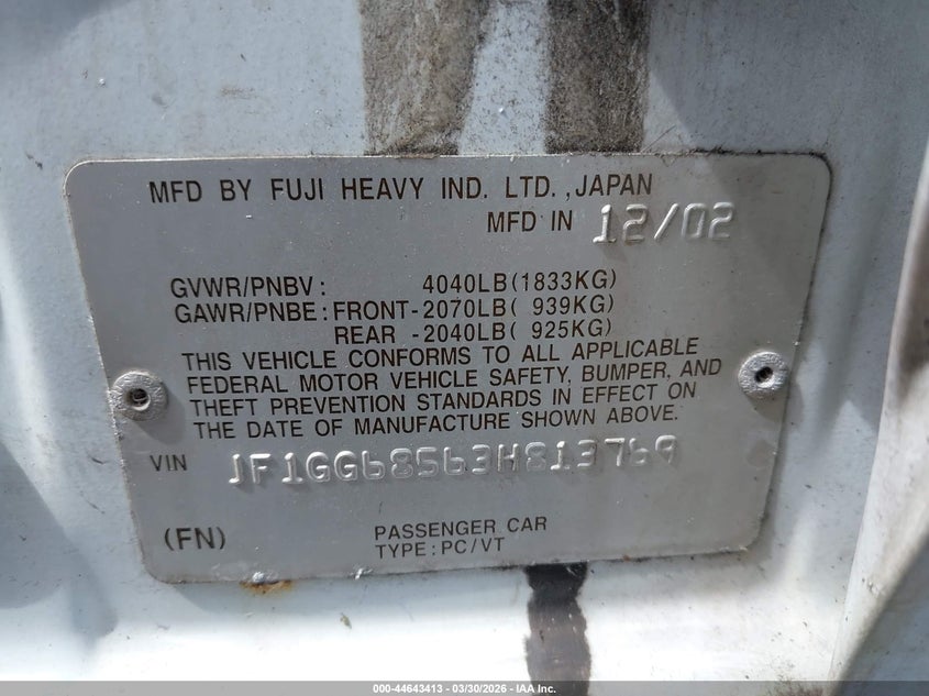 2003 Subaru Impreza Outback Sport VIN: JF1GG68563H813769 Lot: 44643413