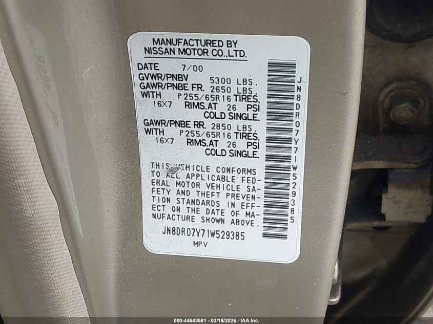 2001 Nissan Pathfinder Le VIN: JN8DR07Y71W529385 Lot: 44643581