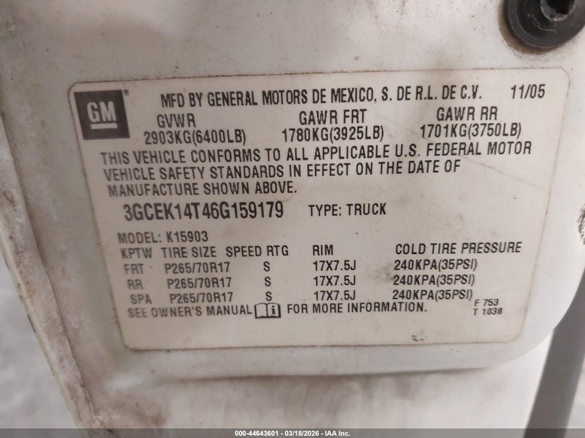 2006 Chevrolet Silverado 1500 Work Truck VIN: 3GCEK14T46G159179 Lot: 44643601