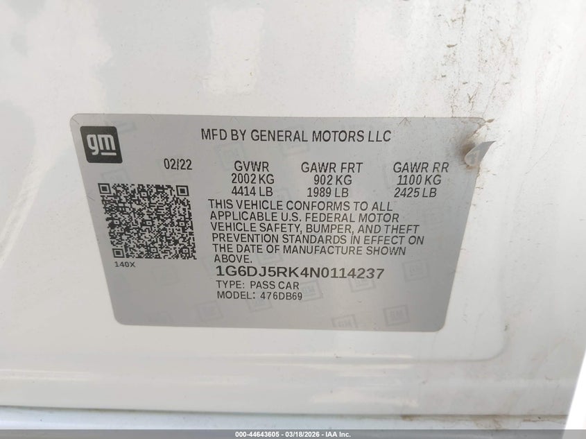 2022 Cadillac Ct4 Luxury VIN: 1G6DJ5RK4N0114237 Lot: 44643605