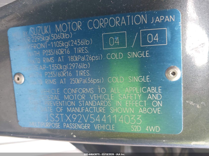 2004 Suzuki Xl-7 Ex/Lx VIN: JS3TX92V544114033 Lot: 44643675