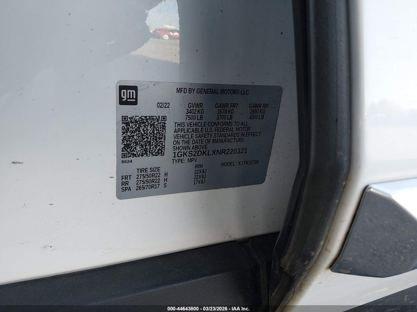 2022 GMC Yukon 4Wd Denali VIN: 1GKS2DKLXNR220321 Lot: 44643800