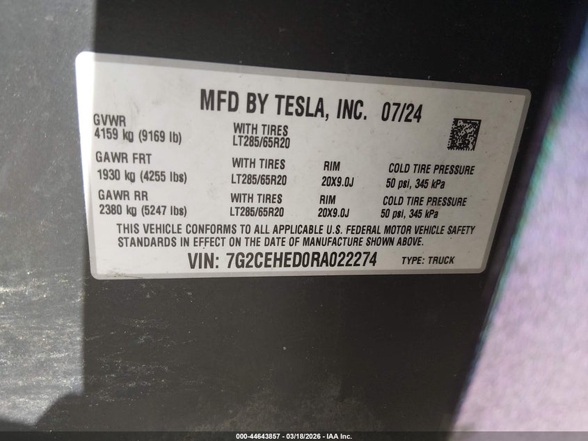 2024 Tesla Cybertruck All-Wheel Drive VIN: 7G2CEHED0RA022274 Lot: 44643857