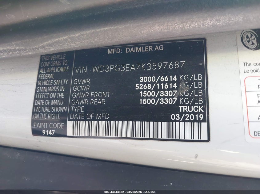 2019 Mercedes-Benz Metris VIN: WD3PG3EA7K3597687 Lot: 44643882