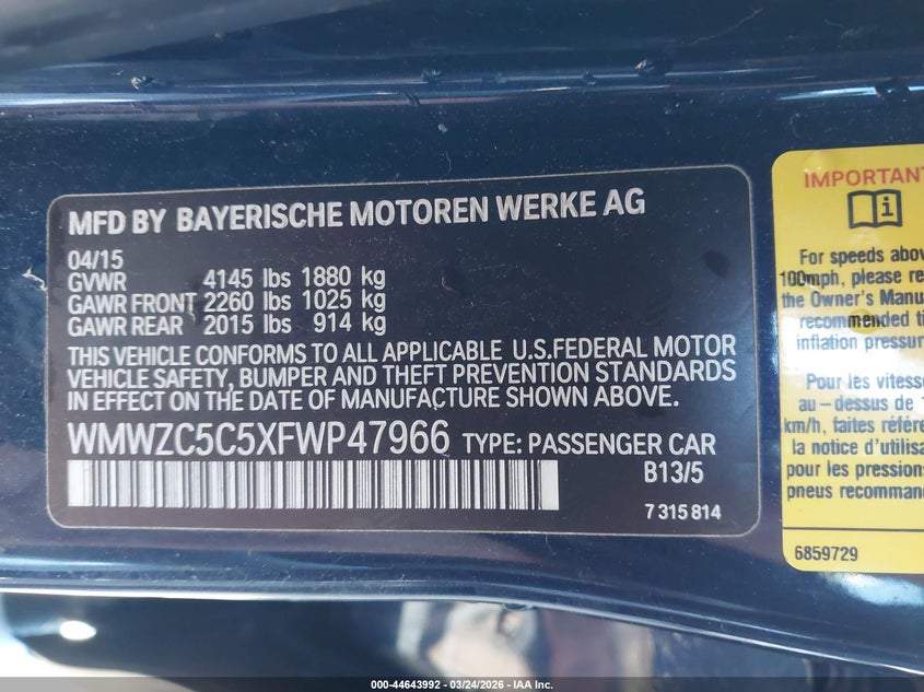 2015 Mini Countryman Cooper S VIN: WMWZC5C5XFWP47966 Lot: 44643992