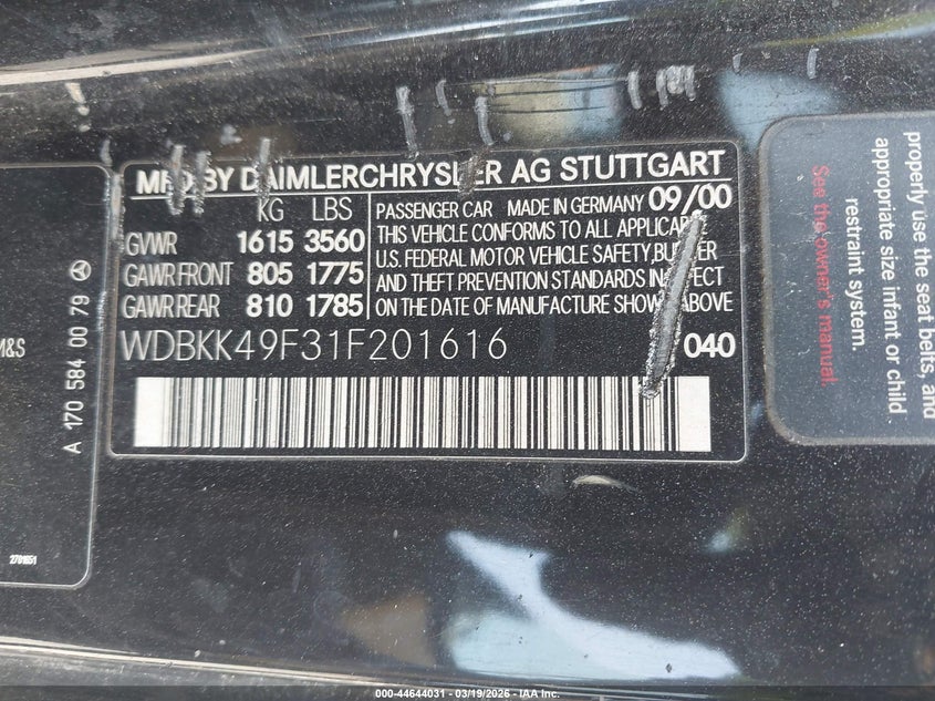 2001 Mercedes-Benz Slk 230 Kompressor VIN: WDBKK49F31F201616 Lot: 44644031