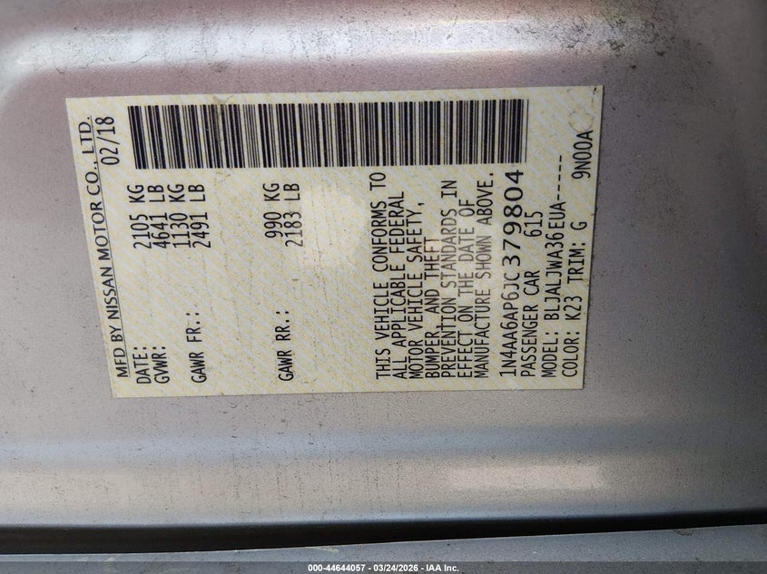 VIN 1N4AA6AP6JC379804 2018 NISSAN MAXIMA 3.5 SV