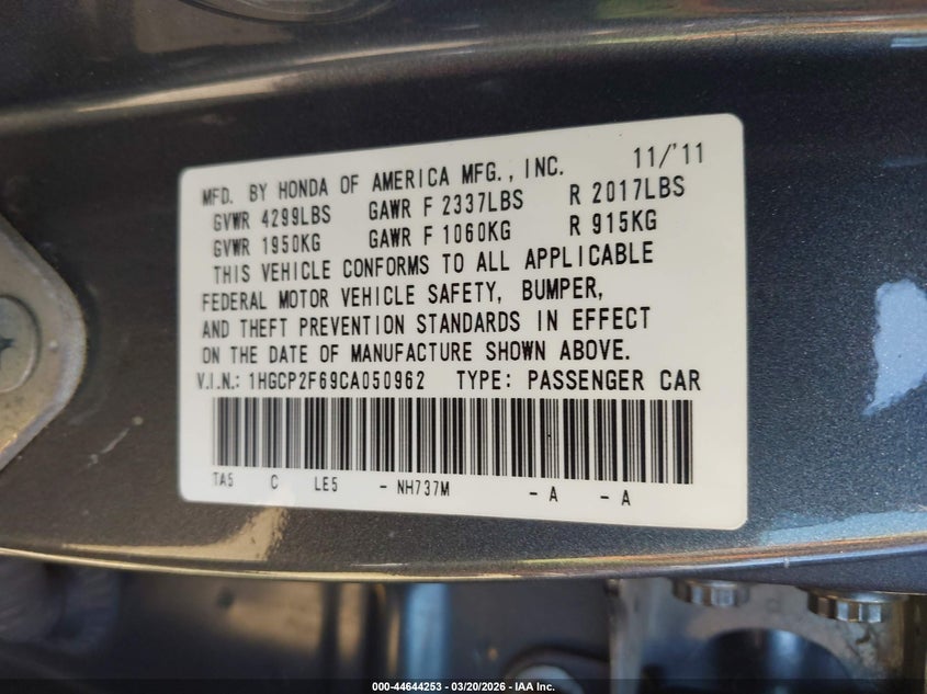 2012 Honda Accord 2.4 2.4 Se grey Lot 111044644253 Vin 1HGCP2F69CA050962