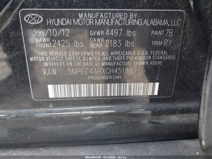 5NPEC4ABXCH451867 2012 Hyundai Sonata 2.0 Limited 2.0t Black