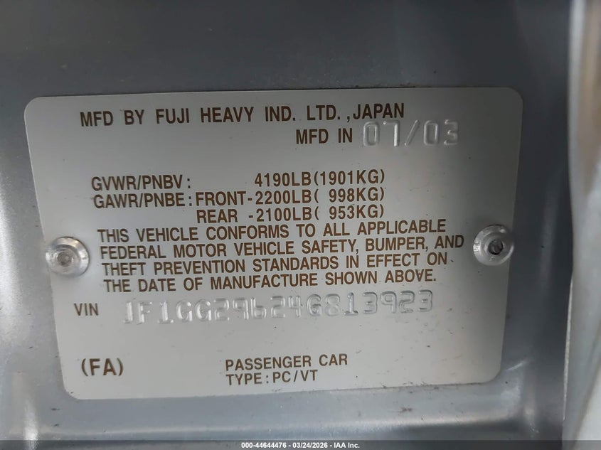 2004 Subaru Impreza Wrx VIN: JF1GG29624G813923 Lot: 44644476