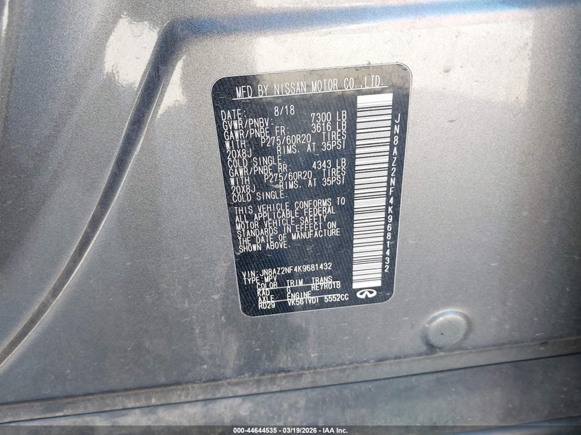 2019 Infiniti Qx80 Luxe VIN: JN8AZ2NF4K9681432 Lot: 44644535