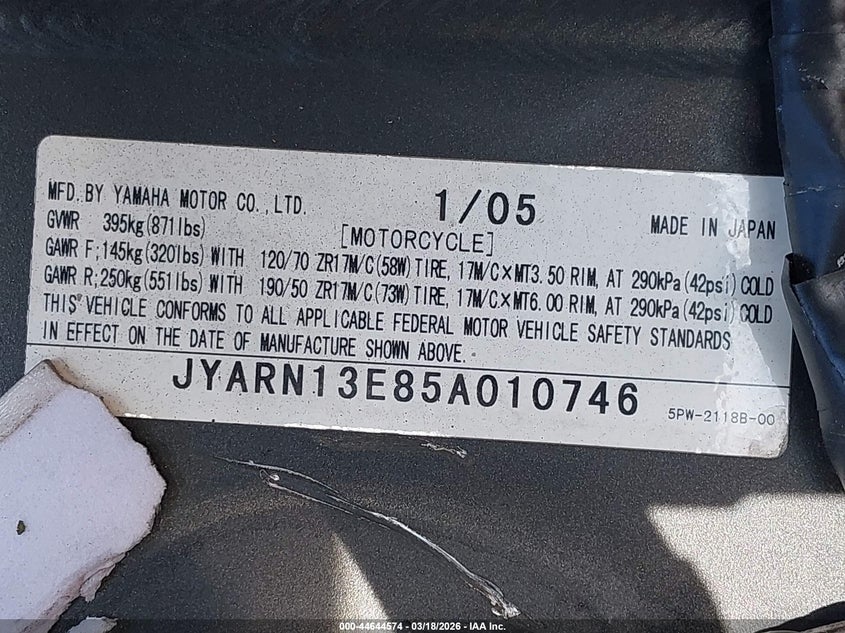 2005 Yamaha Yzfr1 VIN: JYARN13E85A010746 Lot: 44644574