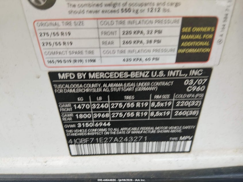 2007 Mercedes-Benz Gl 450 4Matic VIN: 4JGBF71E27A243271 Lot: 44644686