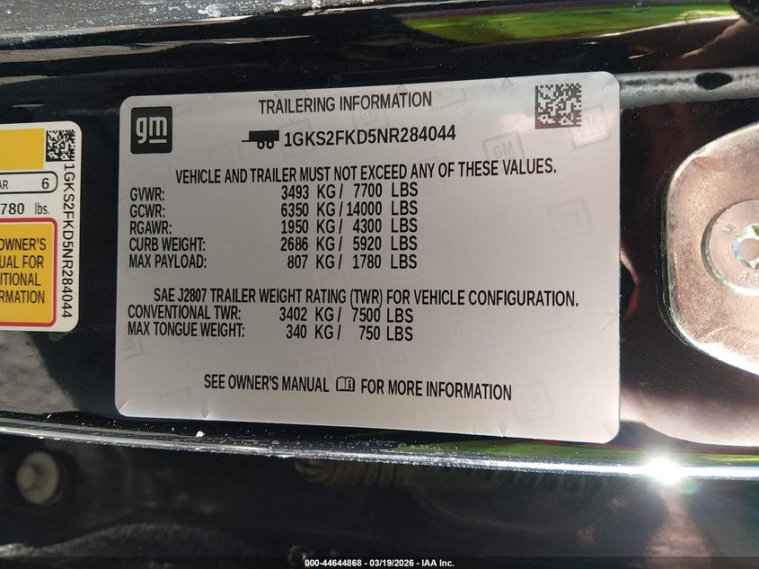 2022 GMC Yukon Xl 4Wd Sle VIN: 1GKS2FKD5NR284044 Lot: 44644868