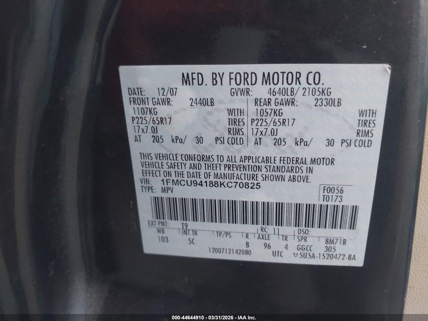 2008 Ford Escape 3.0 Limited Grey Lot 111044644910 Vin 1FMCU94188KC70825