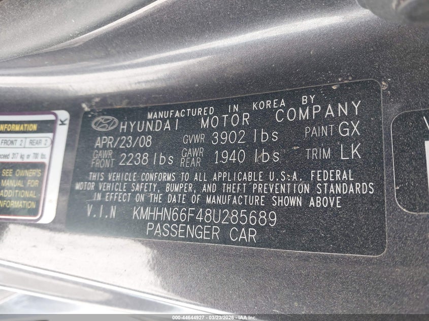 2008 Hyundai Tiburon Gt/Gt Limited/Se VIN: KMHHN66F48U285689 Lot: 44644927