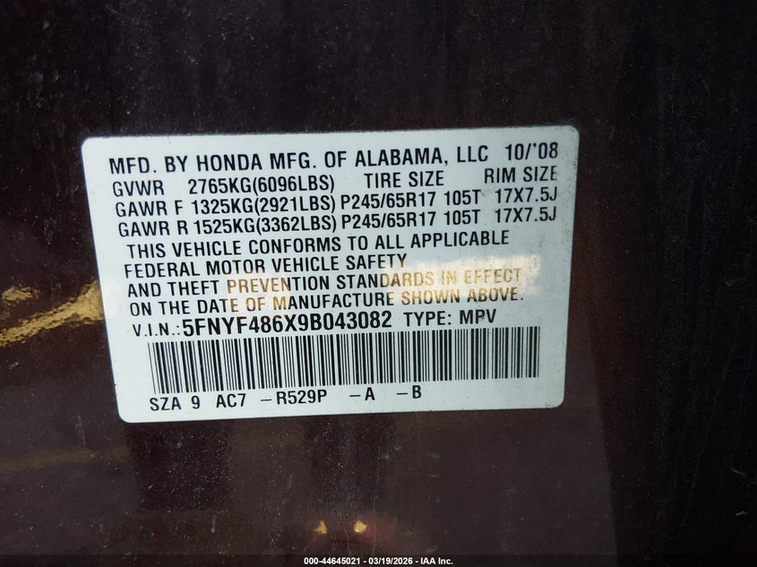 2009 Honda Pilot 3.5 Ex-L brown Lot 111044645021 Vin 5FNYF486X9B043082