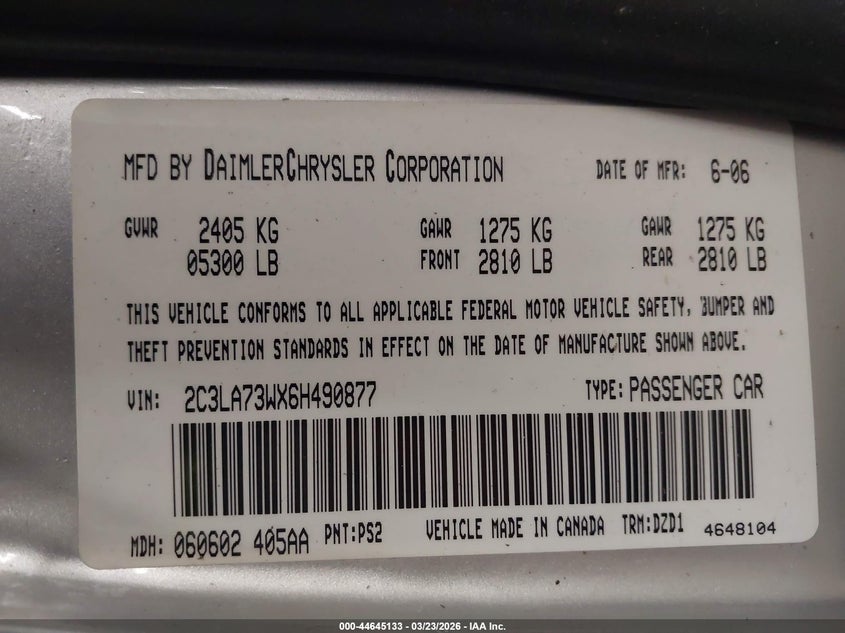 2006 Chrysler 300C Srt8 VIN: 2C3LA73WX6H490877 Lot: 44645133