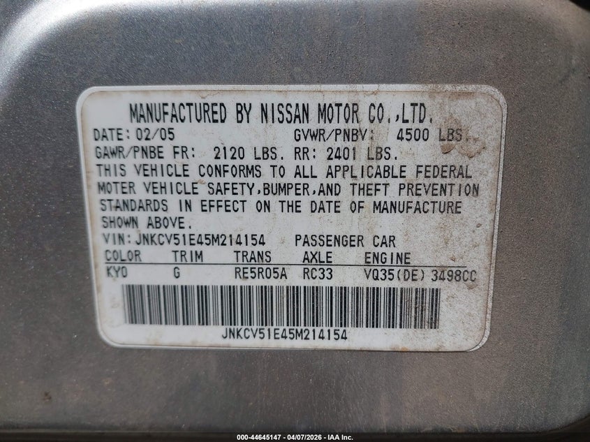 2005 Infiniti G35 VIN: JNKCV51E45M214154 Lot: 44645147