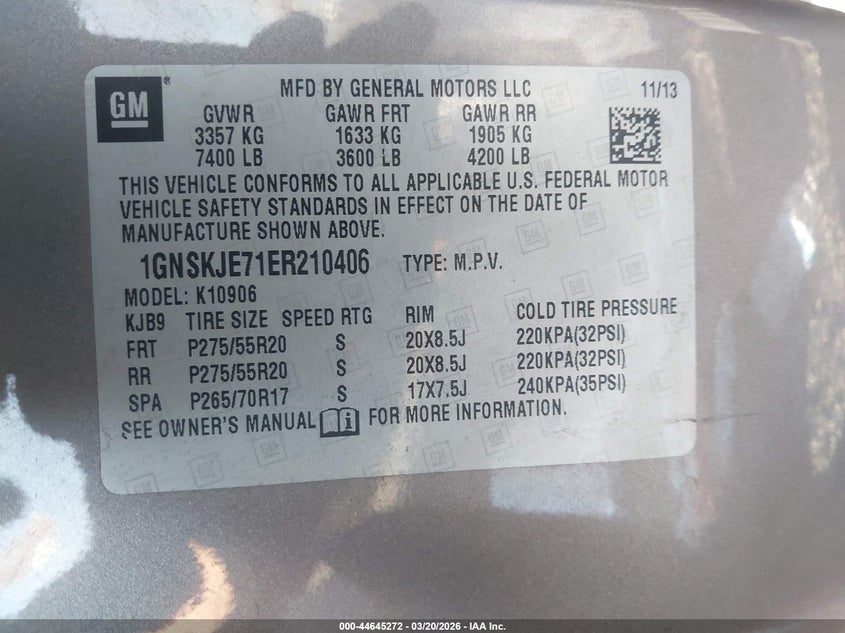 CHEVROLET SUBURBAN 1500 2014 VIN 1GNSKJE71ER210406