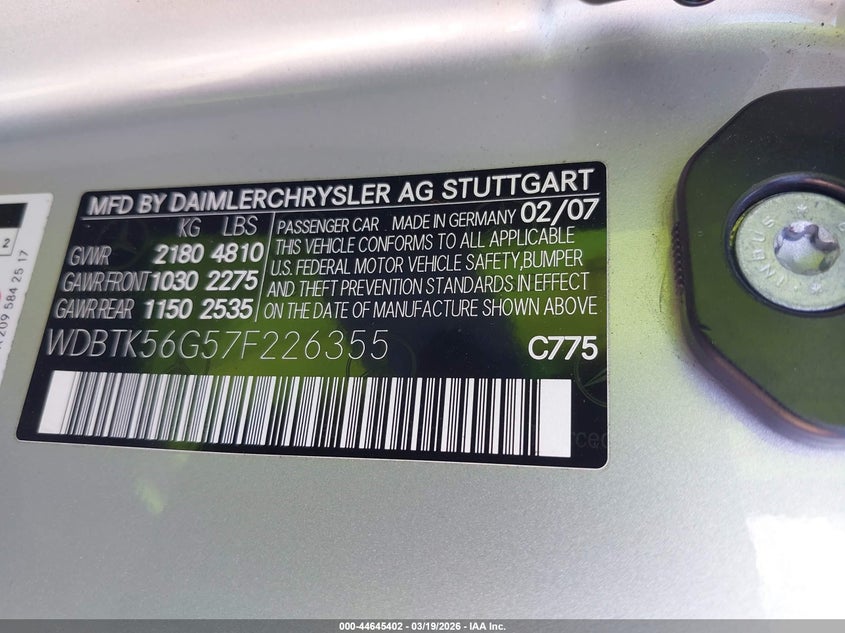 2007 Mercedes-Benz Clk 350 VIN: WDBTK56G57F226355 Lot: 44645402