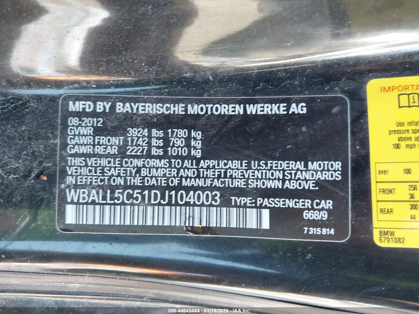 2013 BMW Z4 Sdrive28I VIN: WBALL5C51DJ104003 Lot: 44645444