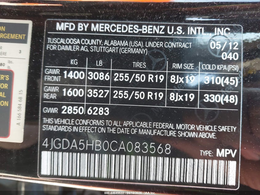 2012 Mercedes-Benz Ml 350 4Matic VIN: 4JGDA5HB0CA083568 Lot: 44645522