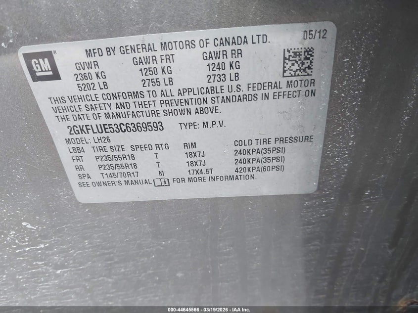 2012 Gmc Terrain 3.0 Slt-1 grey Lot 111044645566 Vin 2GKFLUE53C6369593