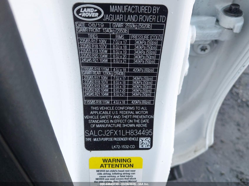 2020 Land Rover Discovery Sport S VIN: SALCJ2FX1LH834495 Lot: 44645739