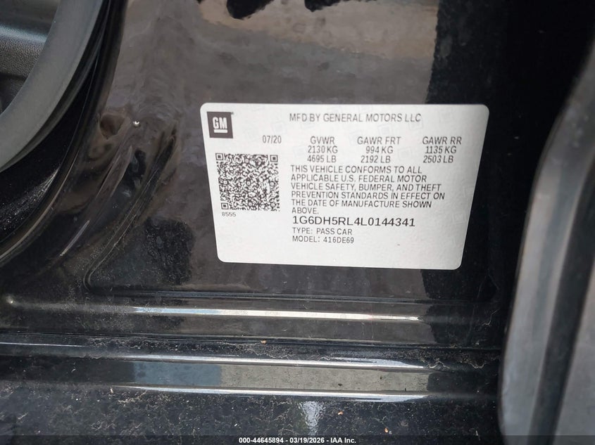 2020 Cadillac Ct4 V-Series VIN: 1G6DH5RL4L0144341 Lot: 44645894