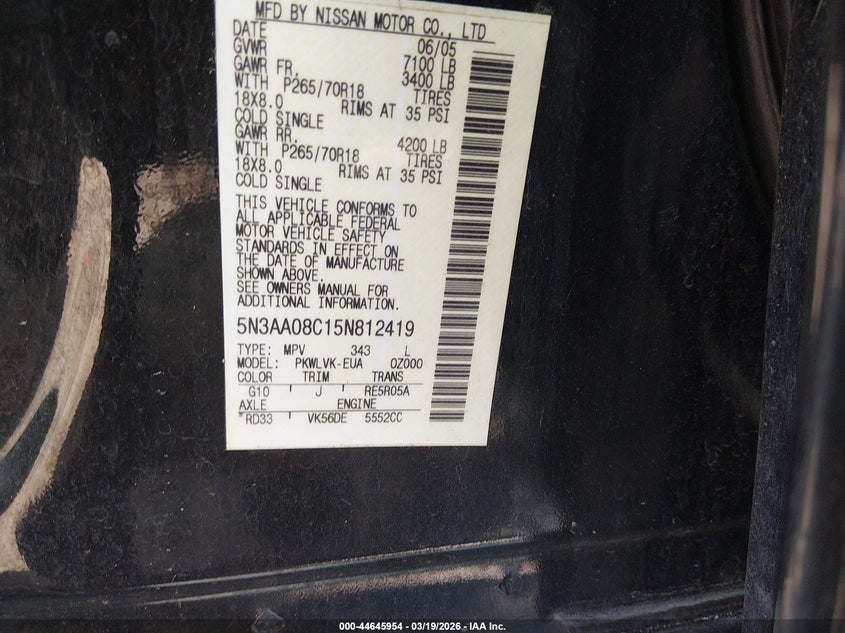 2005 Infiniti Qx56 VIN: 5N3AA08C15N812419 Lot: 44645954