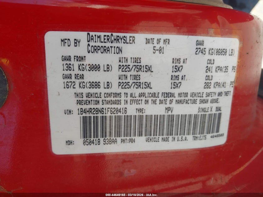 2001 Dodge Durango VIN: 1B4HR28N61F620416 Lot: 44646165