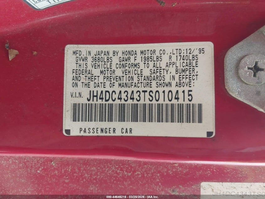 1996 Acura Integra Rs VIN: JH4DC4343TS010415 Lot: 44646216