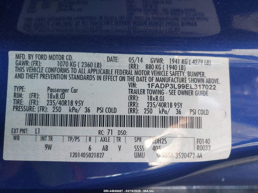 2014 Ford Focus St VIN: 1FADP3L99EL317022 Lot: 44646487