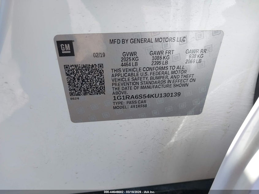 2019 Chevrolet Volt Lt VIN: 1G1RA6S54KU130139 Lot: 44646682