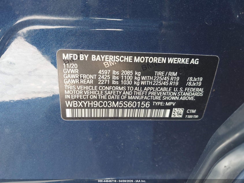 2021 BMW X2 Sdrive28I VIN: WBXYH9C03M5S60156 Lot: 44646716