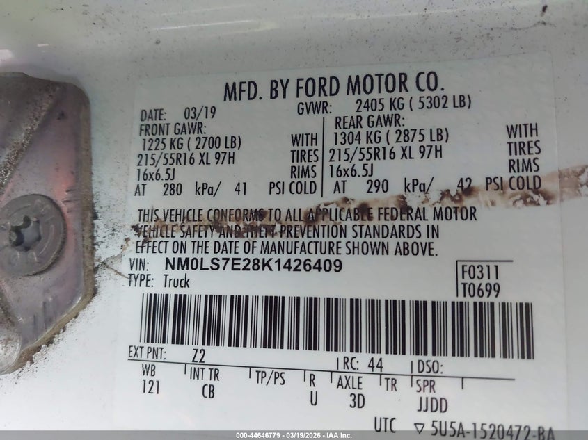 VIN NM0LS7E28K1426409 2019 FORD TRANSIT CONNECT XL