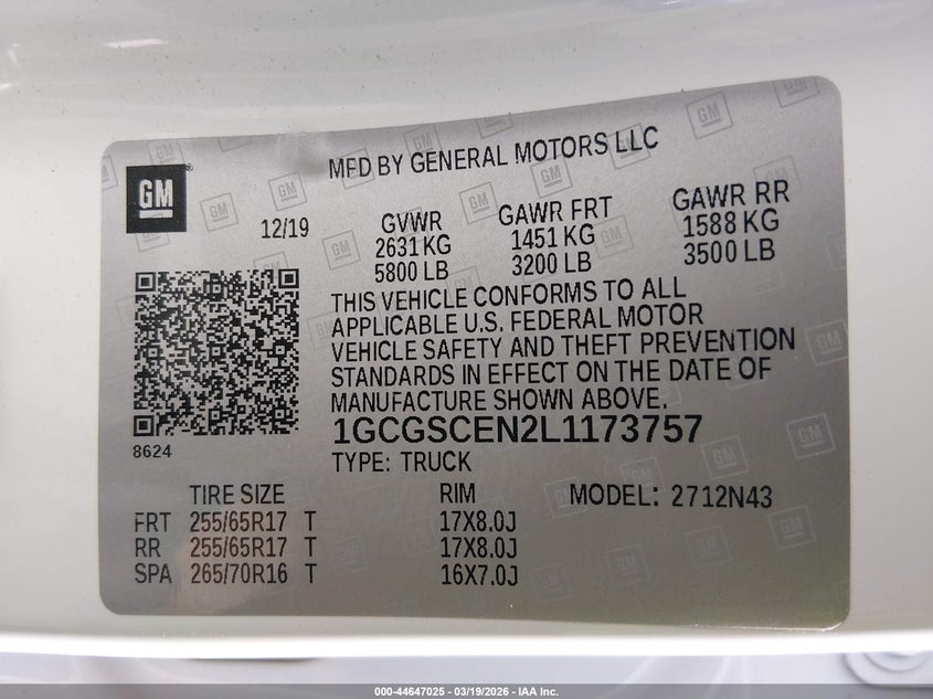 VIN 1GCGSCEN2L1173757 2020 CHEVROLET COLORADO 2WD  SHORT BOX LT