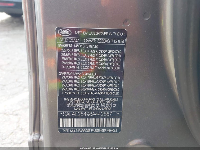 2008 Land Rover Lr3 V8 Se VIN: SALAE25498A442867 Lot: 44647147