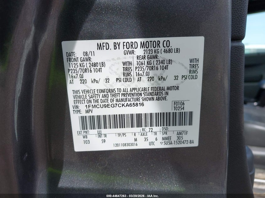 1FMCU9EG7CKA65816 2012 Ford Escape 3.0 Limited grey
