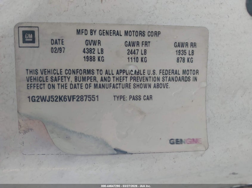 1997 Pontiac Grand Prix Se VIN: 1G2WJ52K6VF287551 Lot: 44647290