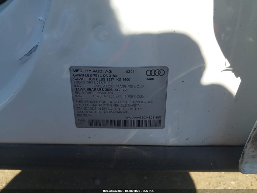 2021 Audi E-Tron Premium Quattro VIN: WA1AAAGE0MB031665 Lot: 44647380