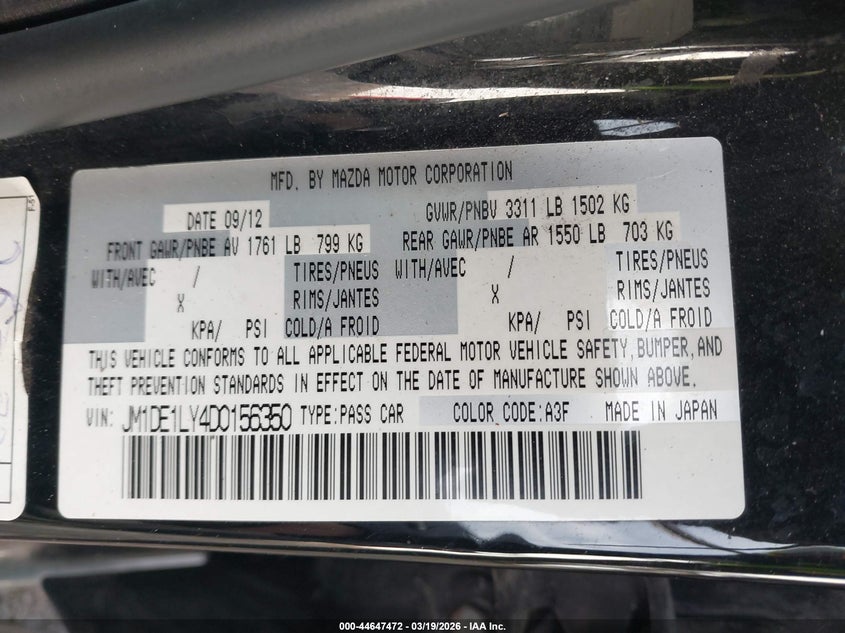 2013 Mazda Mazda2 Touring VIN: JM1DE1LY4D0156350 Lot: 44647472