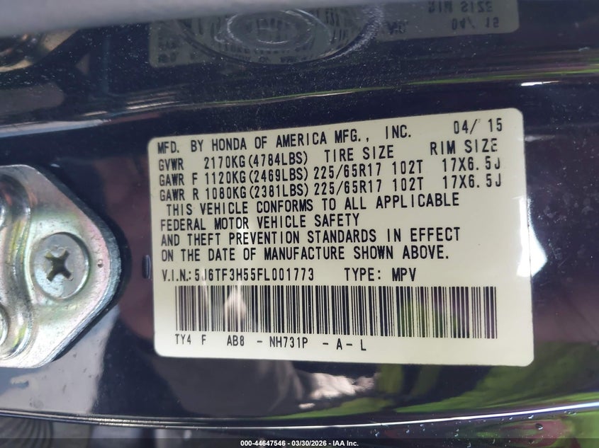 2015 Honda Crosstour Ex-L VIN: 5J6TF3H55FL001773 Lot: 44647546